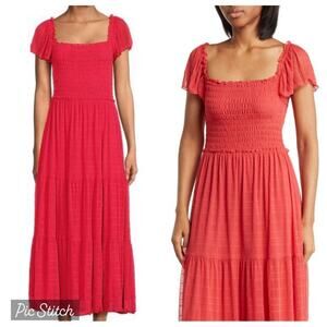 NWT Large MAX STUDIO Mesh Smocked Midi Dress Ruffled Washed Red Flutter Sleeves